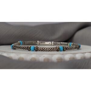 David Yurman 925 & 14k Turquoise Bead Cable Bracelet 9.73G / 6.75In